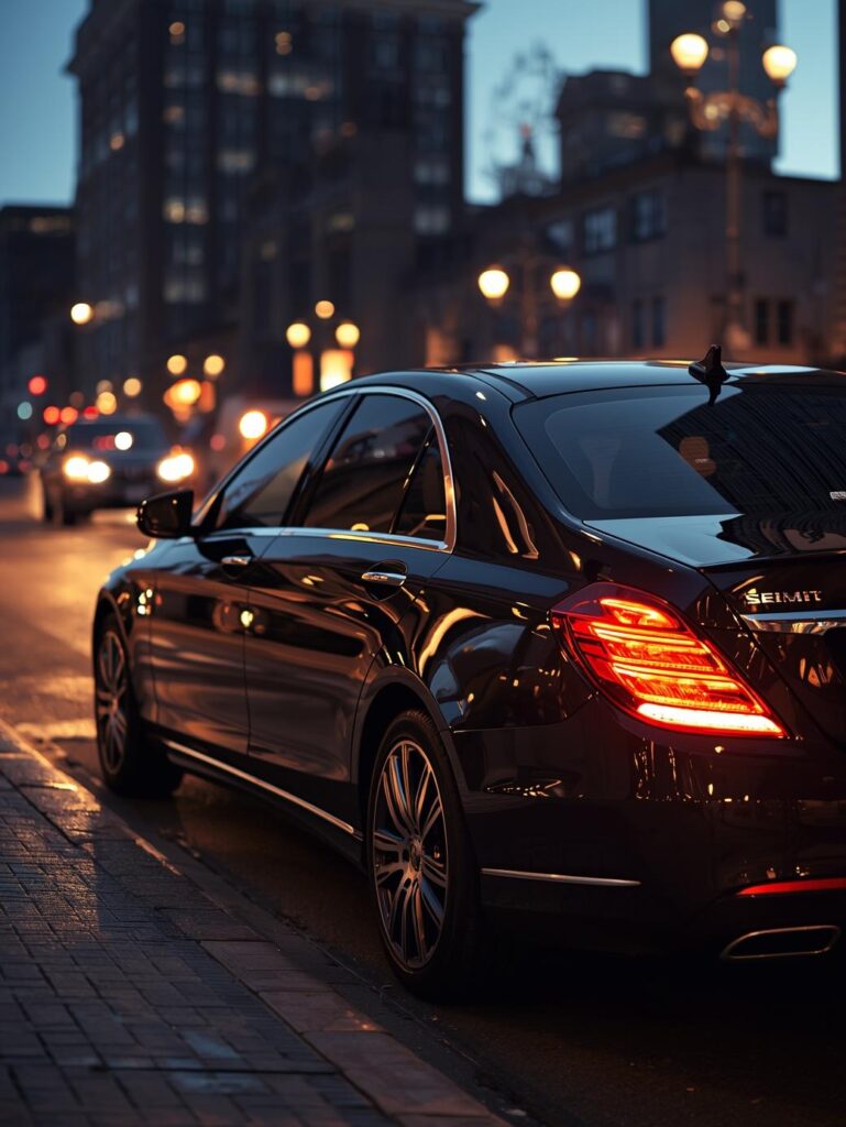 Chauffeur standing beside a black luxury sedan at Philadelphia airport, ready for a last-minute VIP booking.
