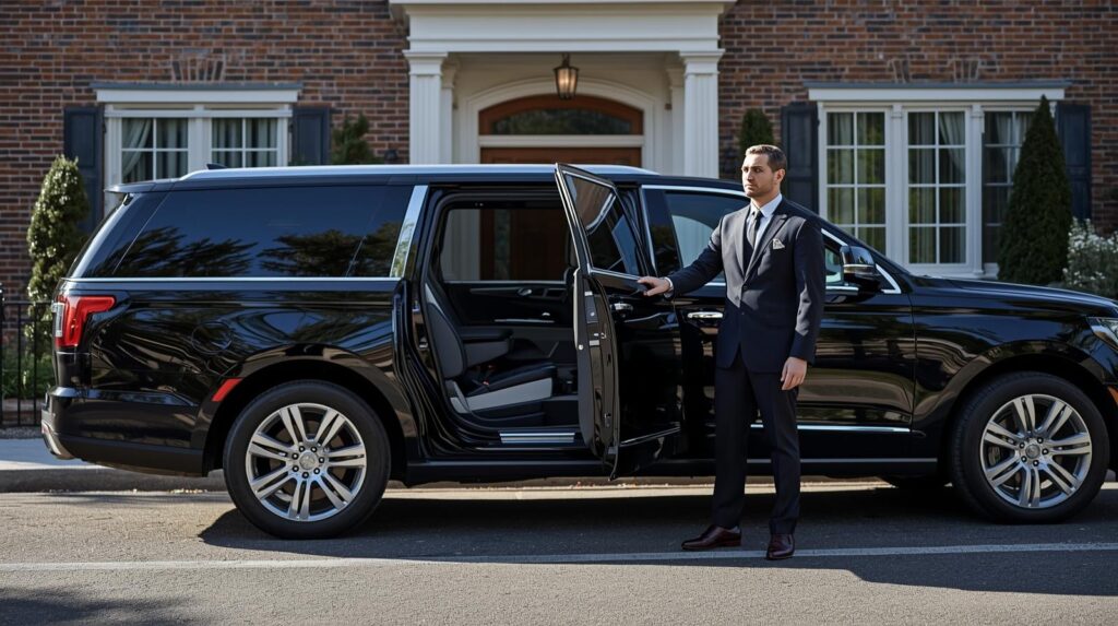 Chauffeur opening black SUV limo door for business traveler in Conshohocken.