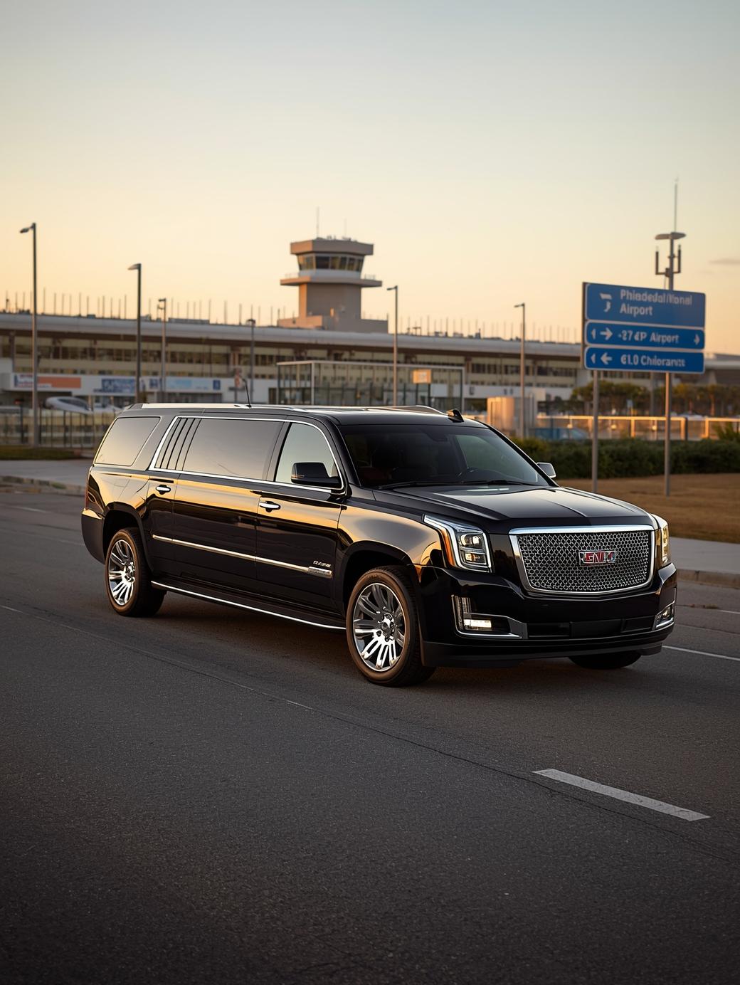 Black SUV limo heading to Philadelphia International Airport for Cherry Hill airport transfer.