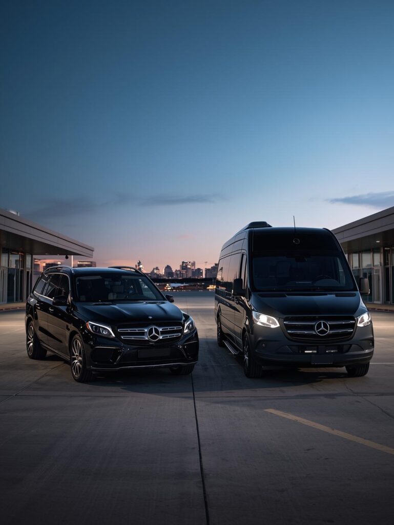 Luxury airport vehicles waiting at Philadelphia International Airport for Conshohocken clients.