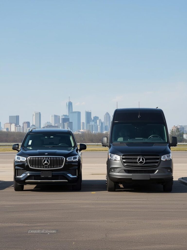 Luxury airport vehicles waiting at Philadelphia International Airport for Conshohocken clients.