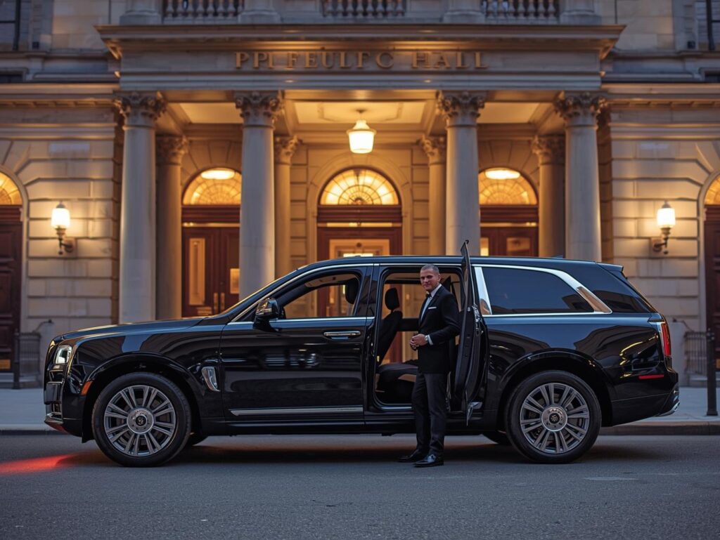 Luxury black SUV with chauffeur providing event transportation near Philadelphia City Hall