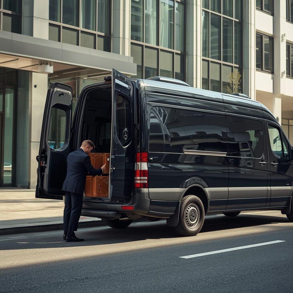 Chauffeur assisting with luggage for Conshohocken airport transfer in a Mercedes Sprinter.