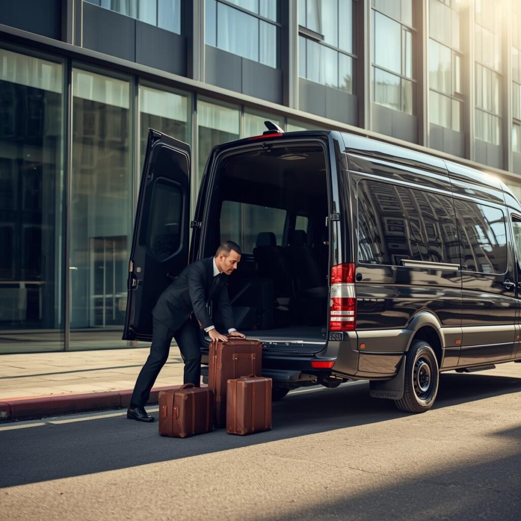 Chauffeur assisting with luggage for Conshohocken airport transfer in a Mercedes Sprinter.