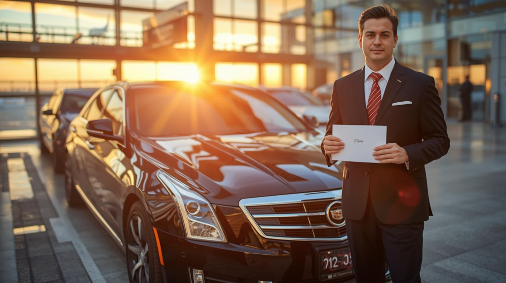 Professional airport chauffeur in Cherry Hill holding a sign beside a black luxury sedan.