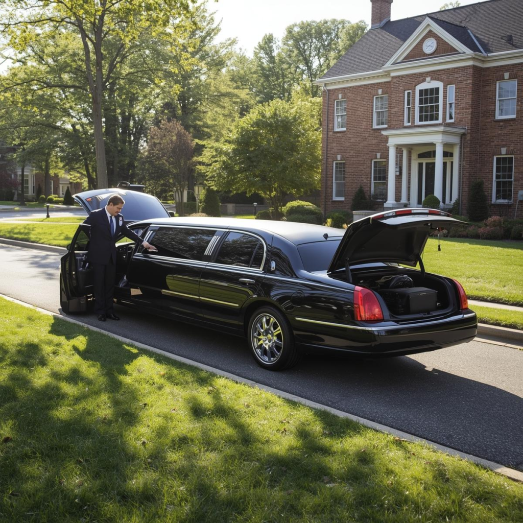 Luxury limo pickup in a Cherry Hill residential neighborhood with chauffeur assistance.