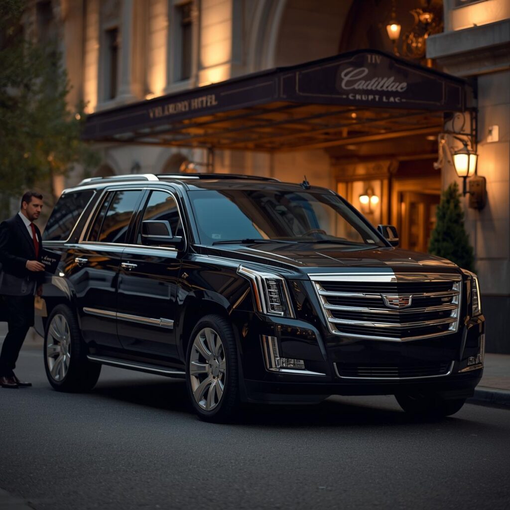 Traveler working comfortably inside luxury SUV limousine en route to the airport.