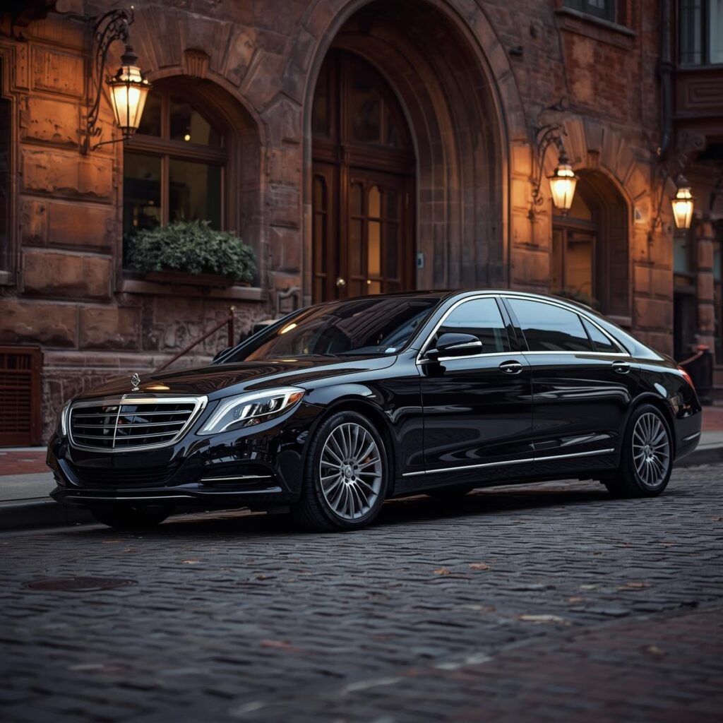 hauffeur opening the door of a black luxury sedan for an executive outside a Philadelphia office building.