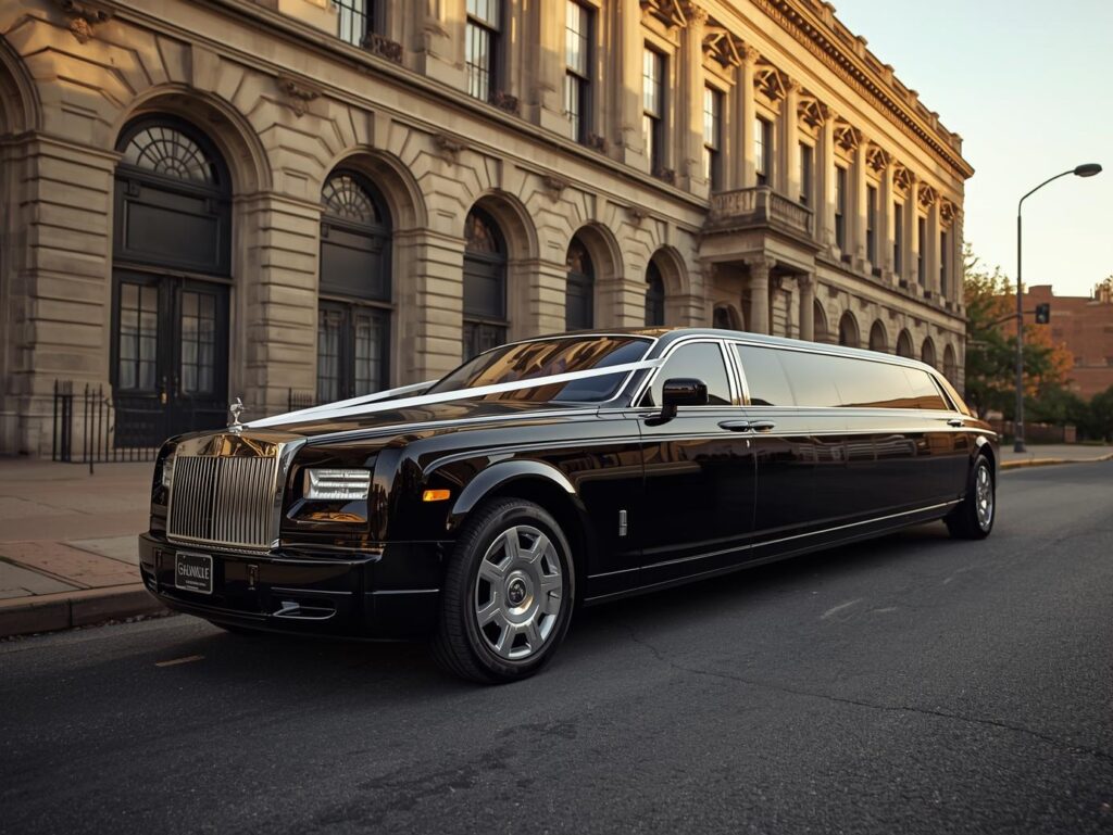 Black Cadillac wedding limo parked at a Philadelphia venue with white floral decorations.