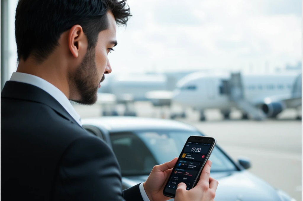LimosGo chauffeur checking real-time flight tracking for airport pickup in Philadelphia.