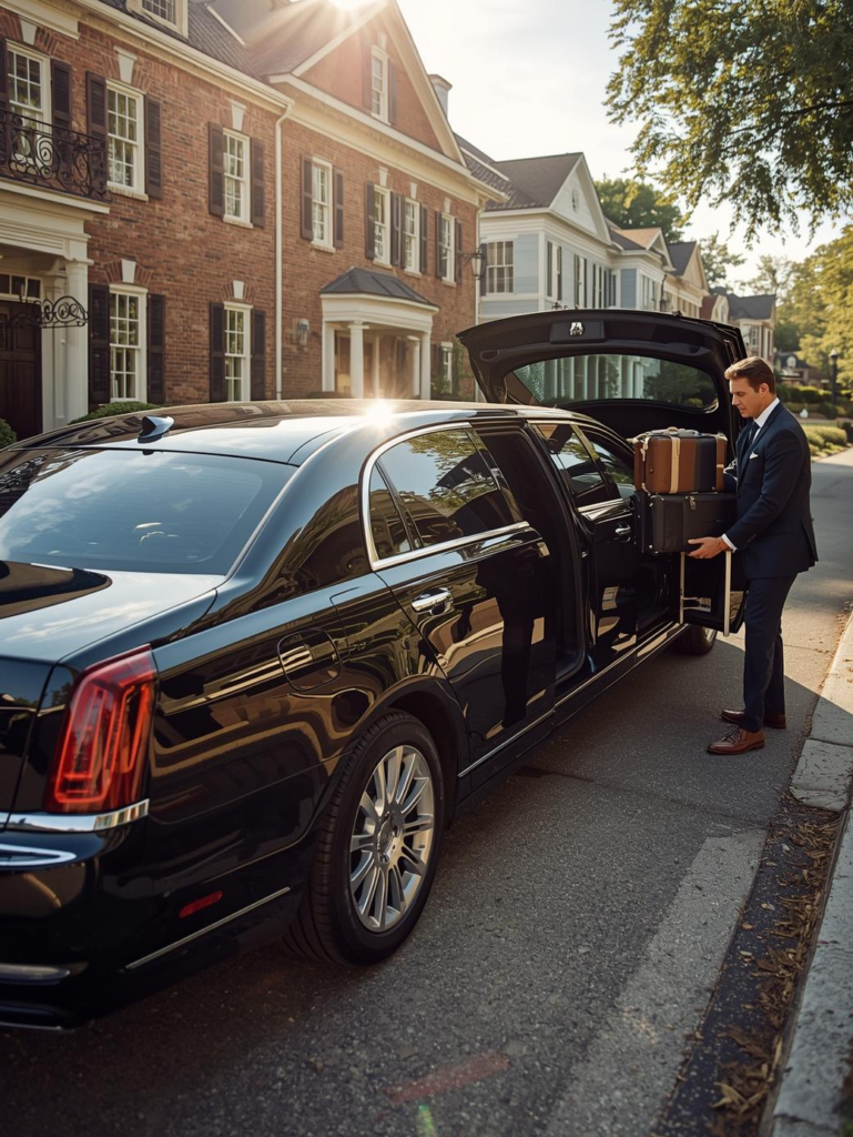 Luxury limo pickup in a Cherry Hill residential neighborhood with chauffeur assistance.