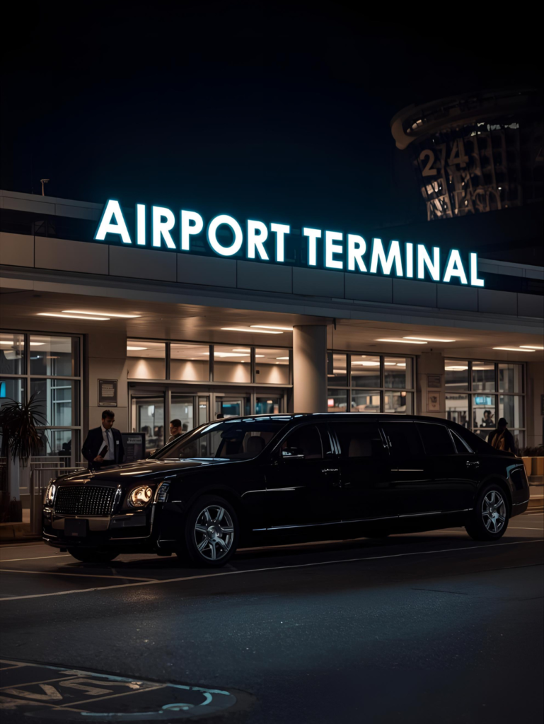 Black luxury limo waiting at airport terminal at night for Cherry Hill airport transportation.