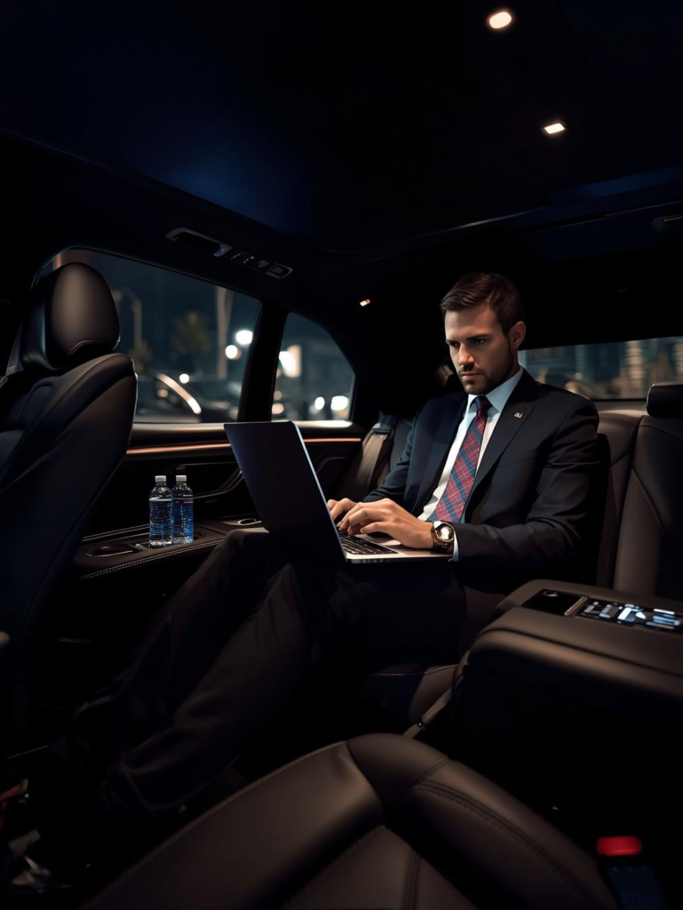 Luxury airport limo interior with leather seating and workspace for Cherry Hill travelers.