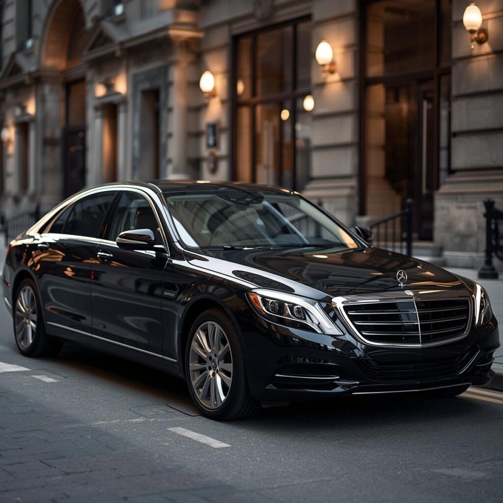 Professional chauffeur opening the door of a black luxury sedan for a VIP client in Philadelphia.