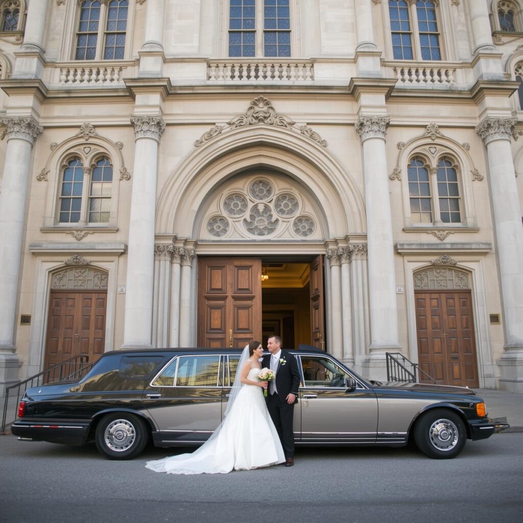 Black Cadillac wedding limo at Philadelphia church with bride and groom in background.