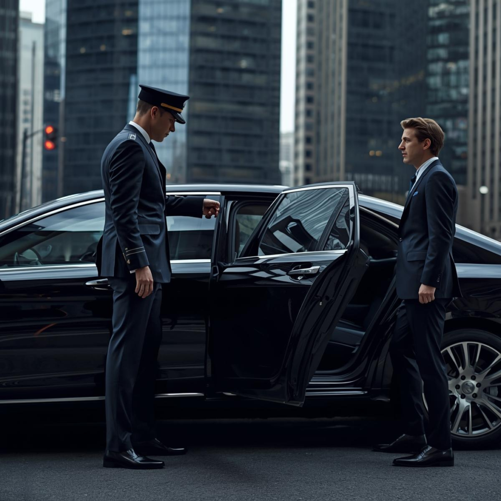Professional chauffeur opening the door of a black luxury sedan in Philadelphia for a VIP client.