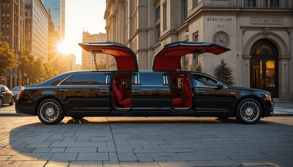 Black luxury limousine with red leather interior parked in downtown Philadelphia near City Hall.