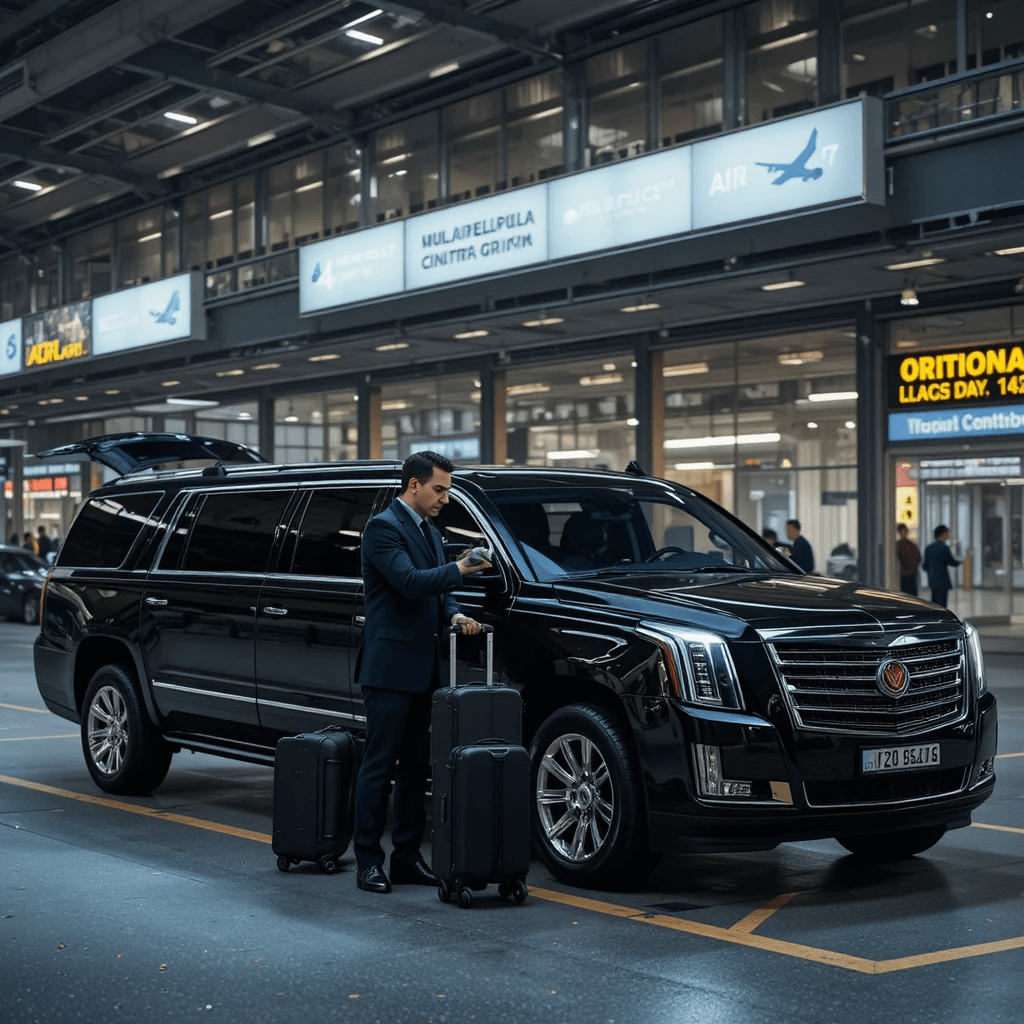 Chauffeur assisting passenger at Philadelphia International Airport with a black luxury SUV limousine.