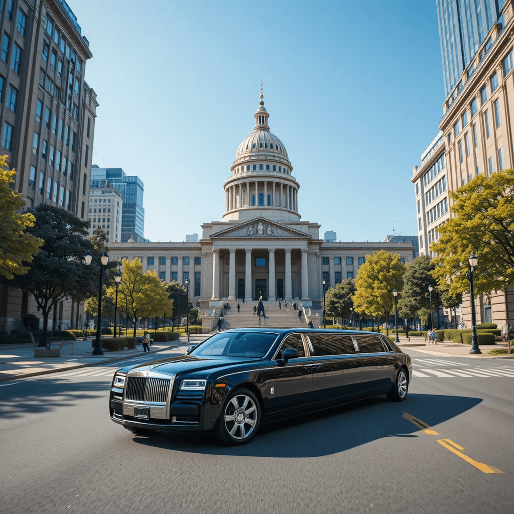 Luxury limo touring near Independence Hall and historic landmarks in Philadelphia.