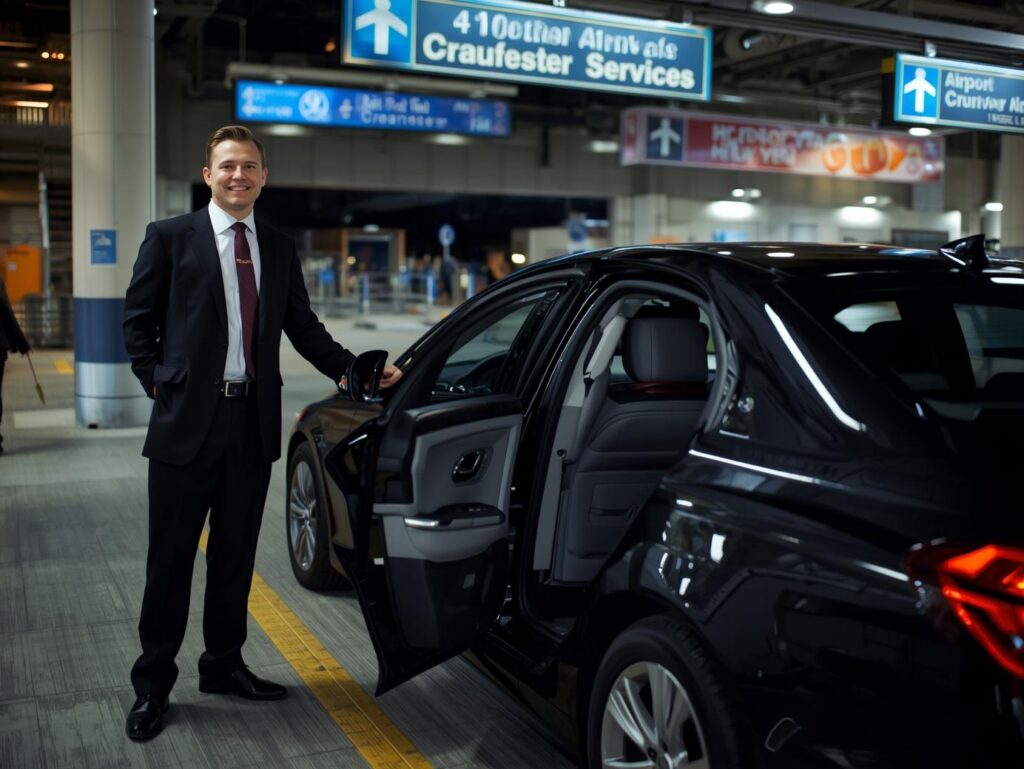 Chauffeur assisting passenger into a luxury sedan at Brookhaven airport area.