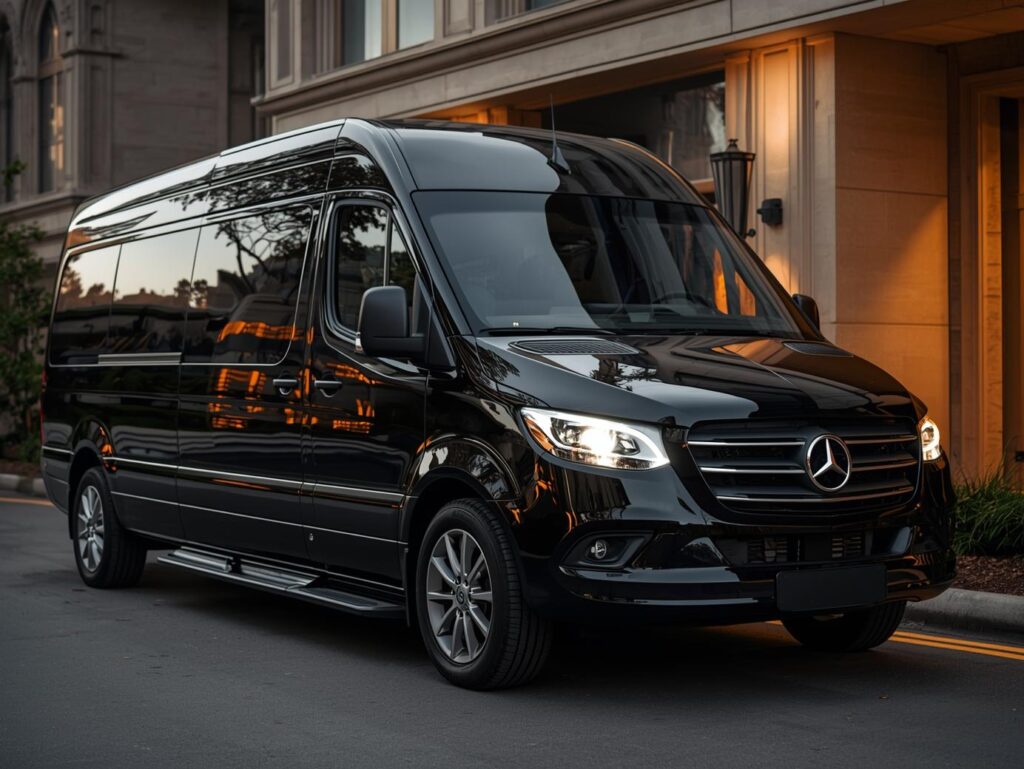 Luxury SUV pulling up to an event venue in Brookhaven with guests arriving.