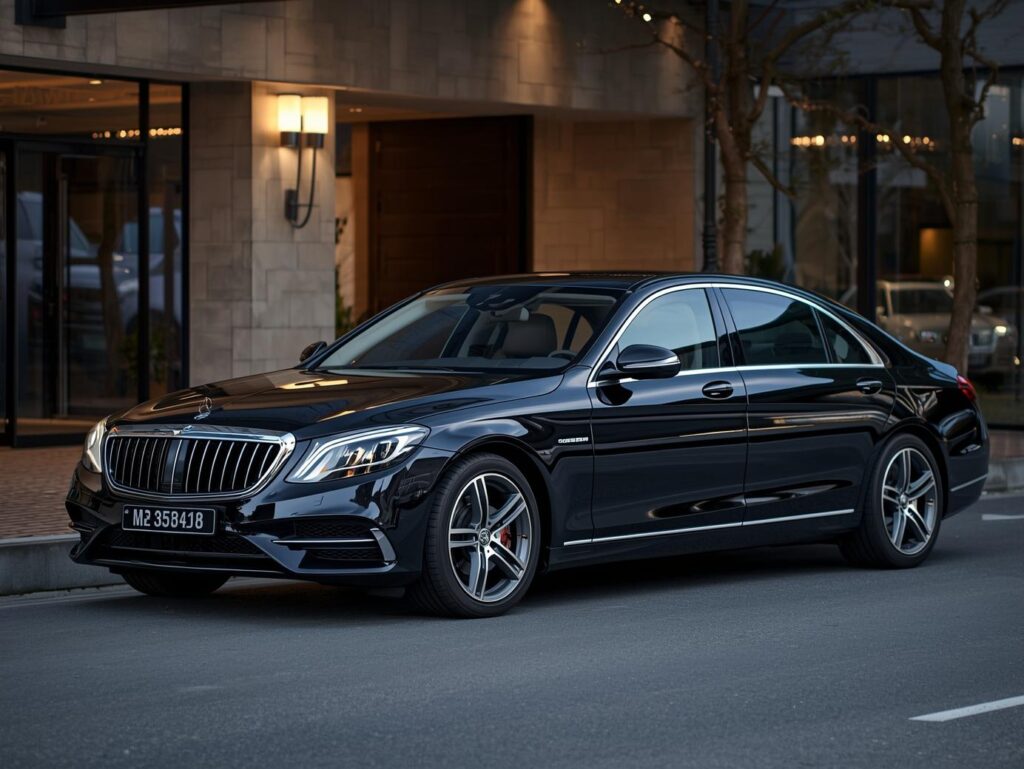 Executive black sedan waiting outside a corporate office building in Brookhaven.