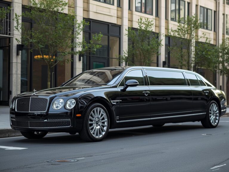 Executive sedan waiting outside a Levittown corporate building for business travelers.