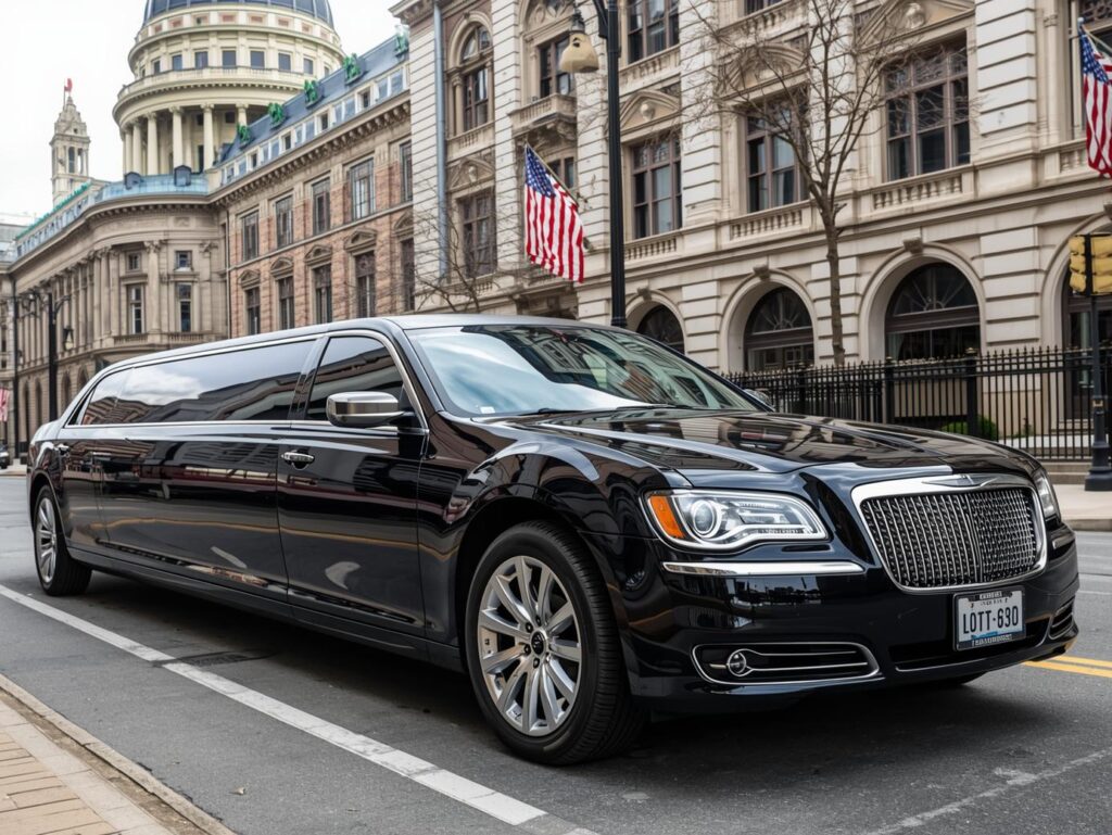 Luxury black limousine parked in Philadelphia with professional chauffeur.