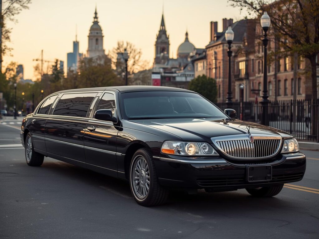 Executive black sedan waiting outside a corporate office building in Philadelphia.
