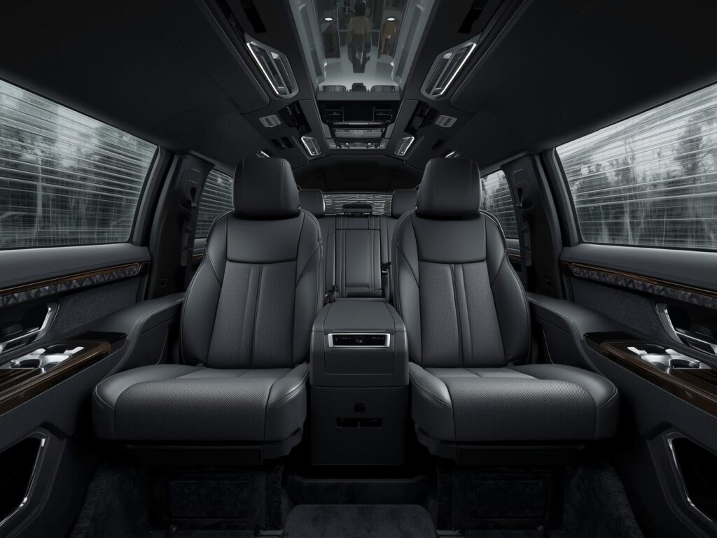 Professional chauffeur driving a corporate executive in a luxury vehicle.