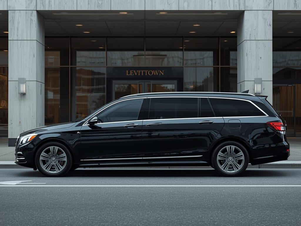 A vibrant event in Levittown with guests arriving in stylish vehicles.