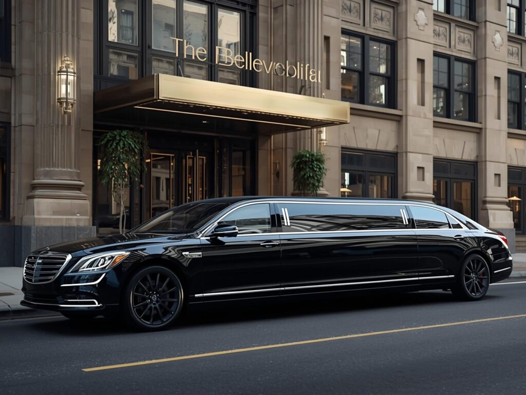 Elegant white wedding limousine decorated with flowers outside a Philadelphia venue.