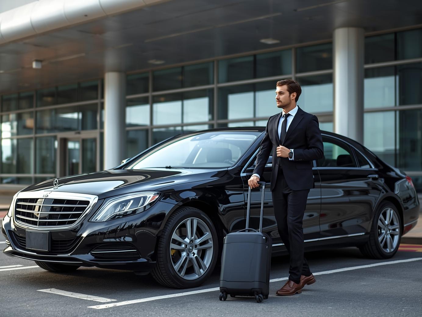 Chauffeur assisting a traveler into a luxury sedan outside Sonesta Philadelphia Rittenhouse Square.