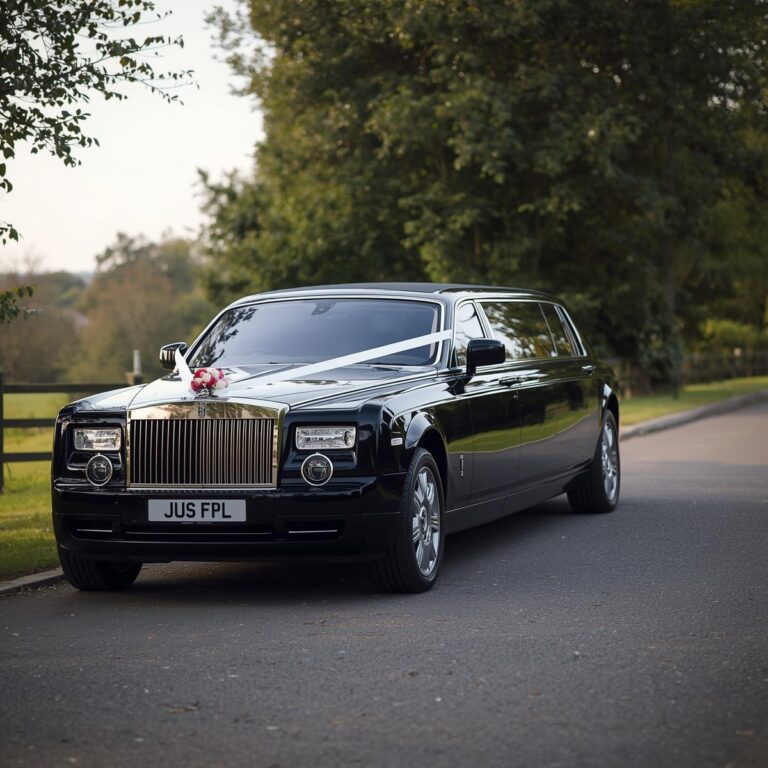 Wedding limousine decorated with flowers parked in Bedminster for bridal transportation.